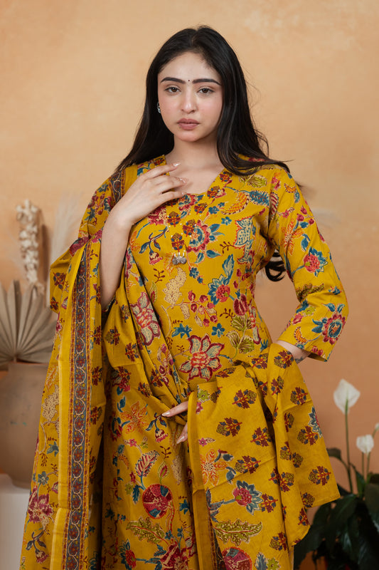 Mustard Yellow Premium Jaipuri Cotton 3-Piece Suit Set