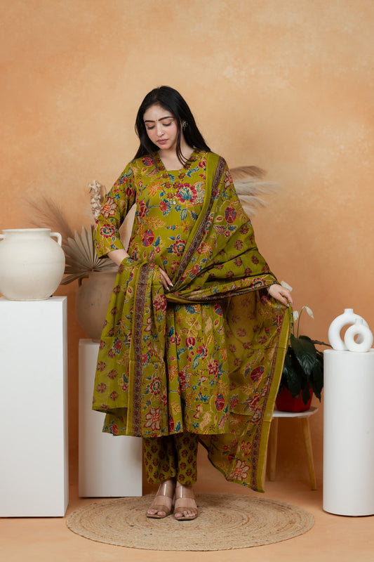 Olive Green Premium Jaipuri Cotton 3-Piece Suit Set