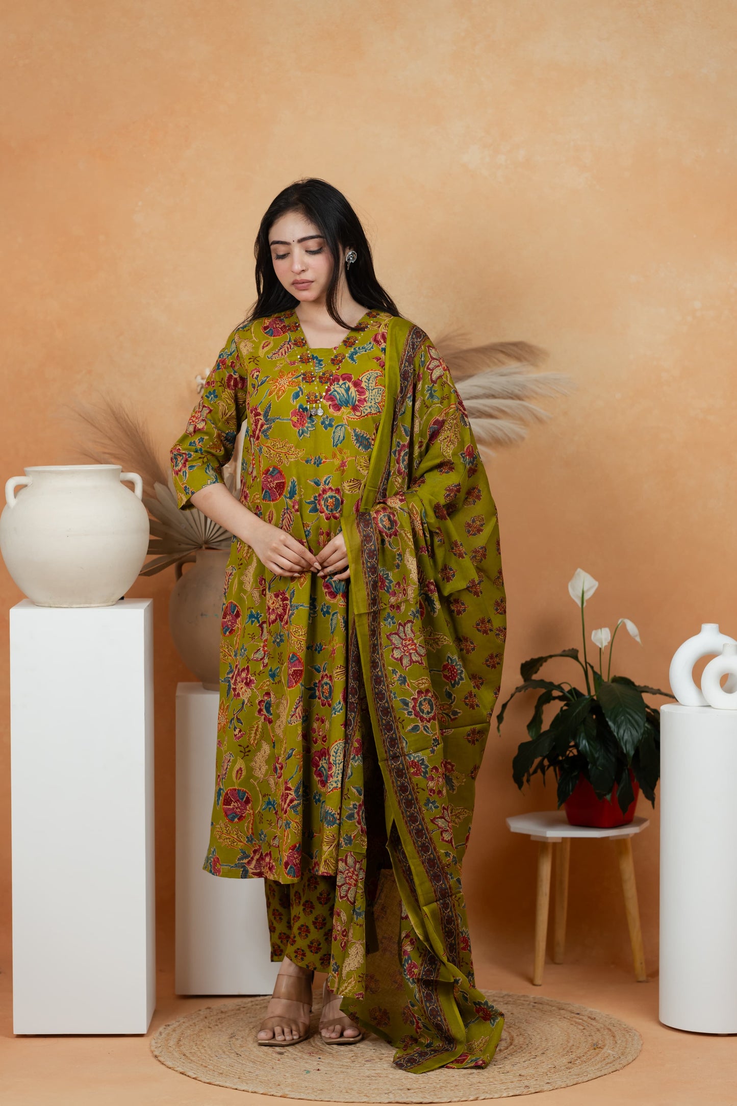 Olive Green Premium Jaipuri Cotton 3-Piece Suit Set