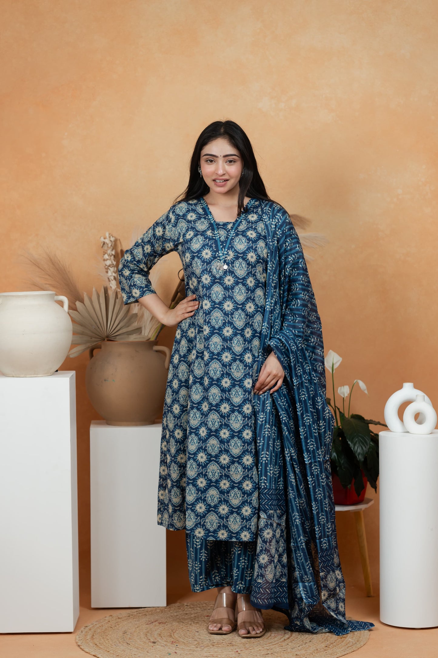 Navy Blue Premium Jaipuri Cotton 3-Piece Suit Set