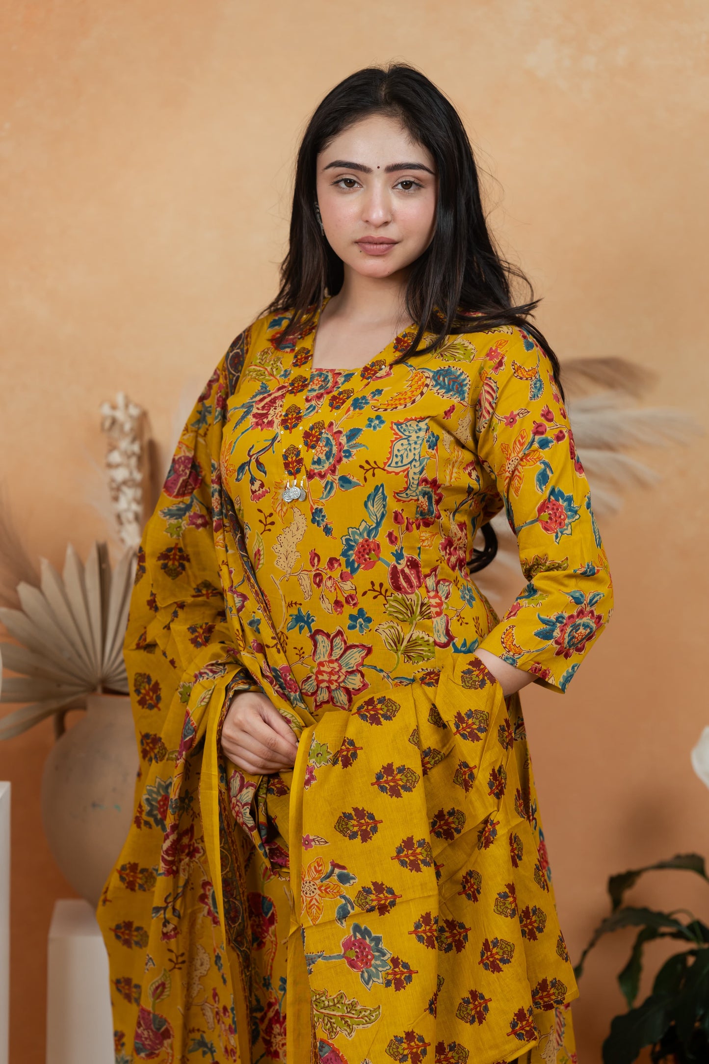 Mustard Yellow Premium Jaipuri Cotton 3-Piece Suit Set