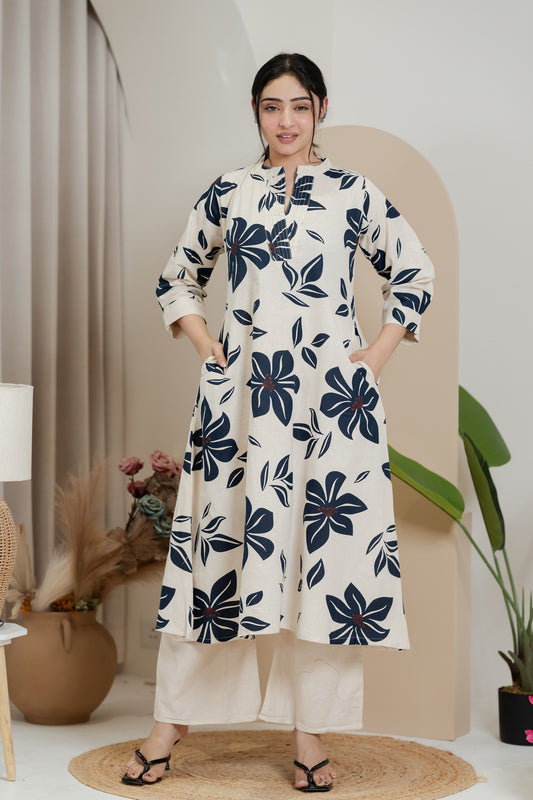 Premium Khadi Flex Kurta Set - Beige with Navy Blue