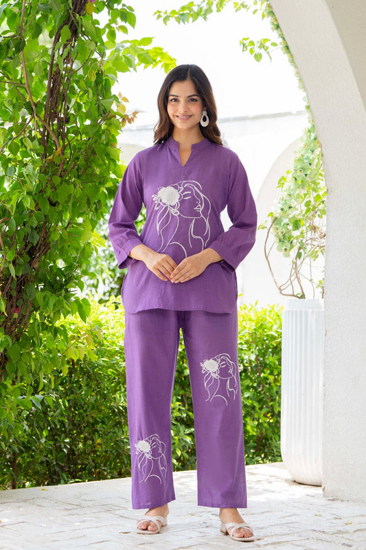 Lavender Purple Cotton Flex Co-ord Set with Artistic Embroidery