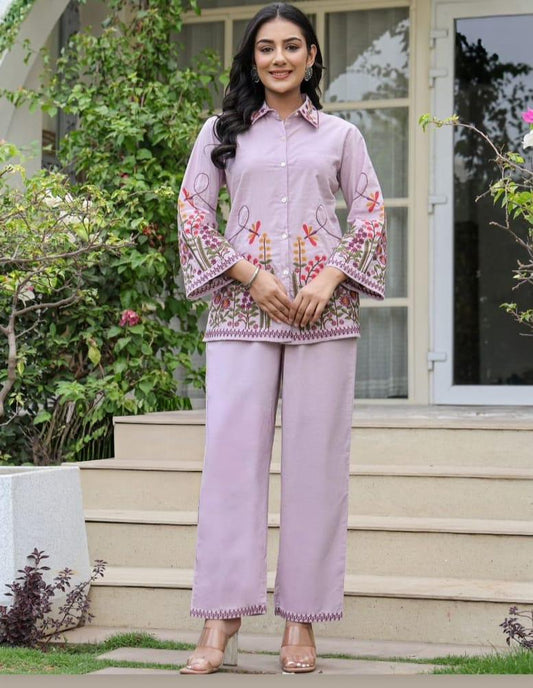 Lilac Lavender Cotton Co-Ord Set with Heavy Floral Embroidery