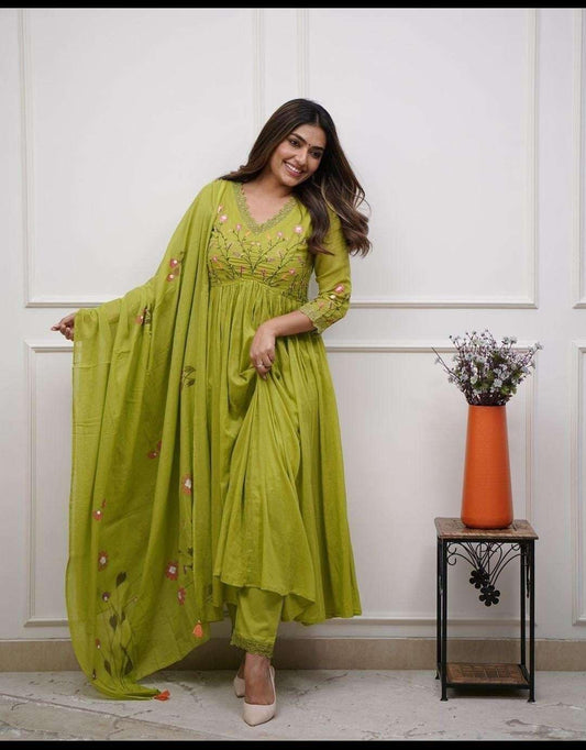 Lime Green Cotton Embroidered Anarkali Suit Set for Women with Dupatta