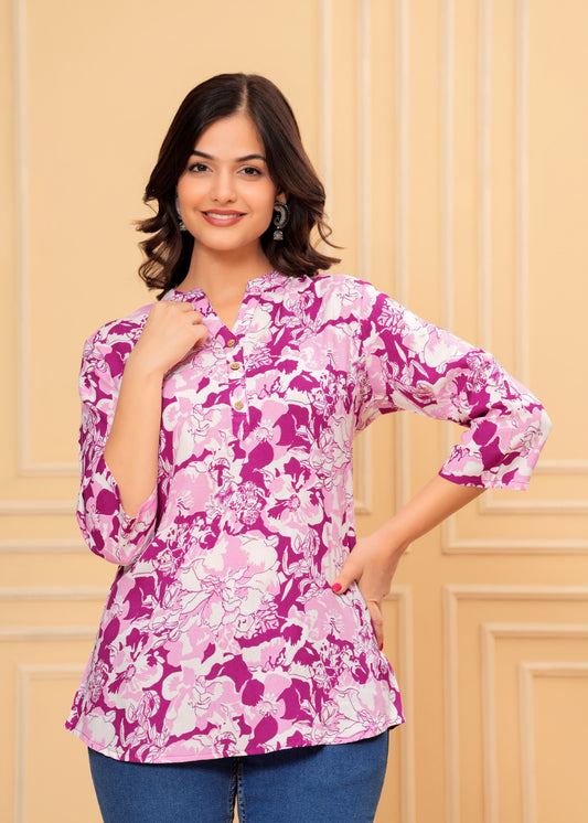 Magenta Floral Printed Cotton Top – Casual & Office Wear