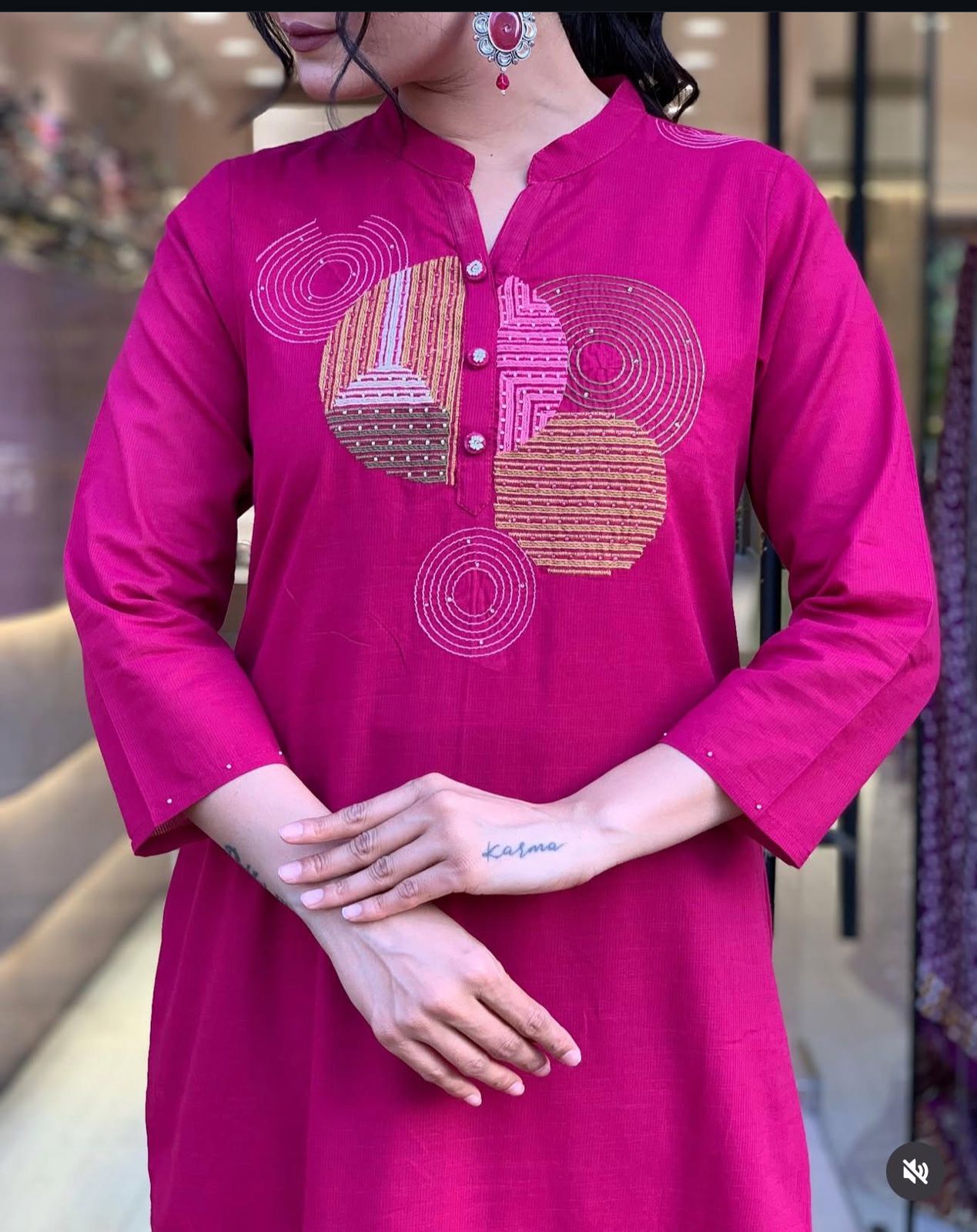 Magenta Pink Embroidered Cotton Suit Set with Dupatta