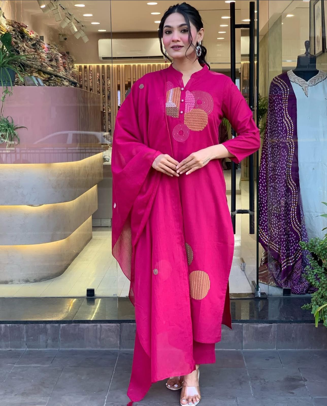 Magenta Pink Embroidered Cotton Suit Set with Dupatta