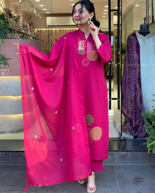 Magenta Pink Embroidered Cotton Suit Set with Dupatta