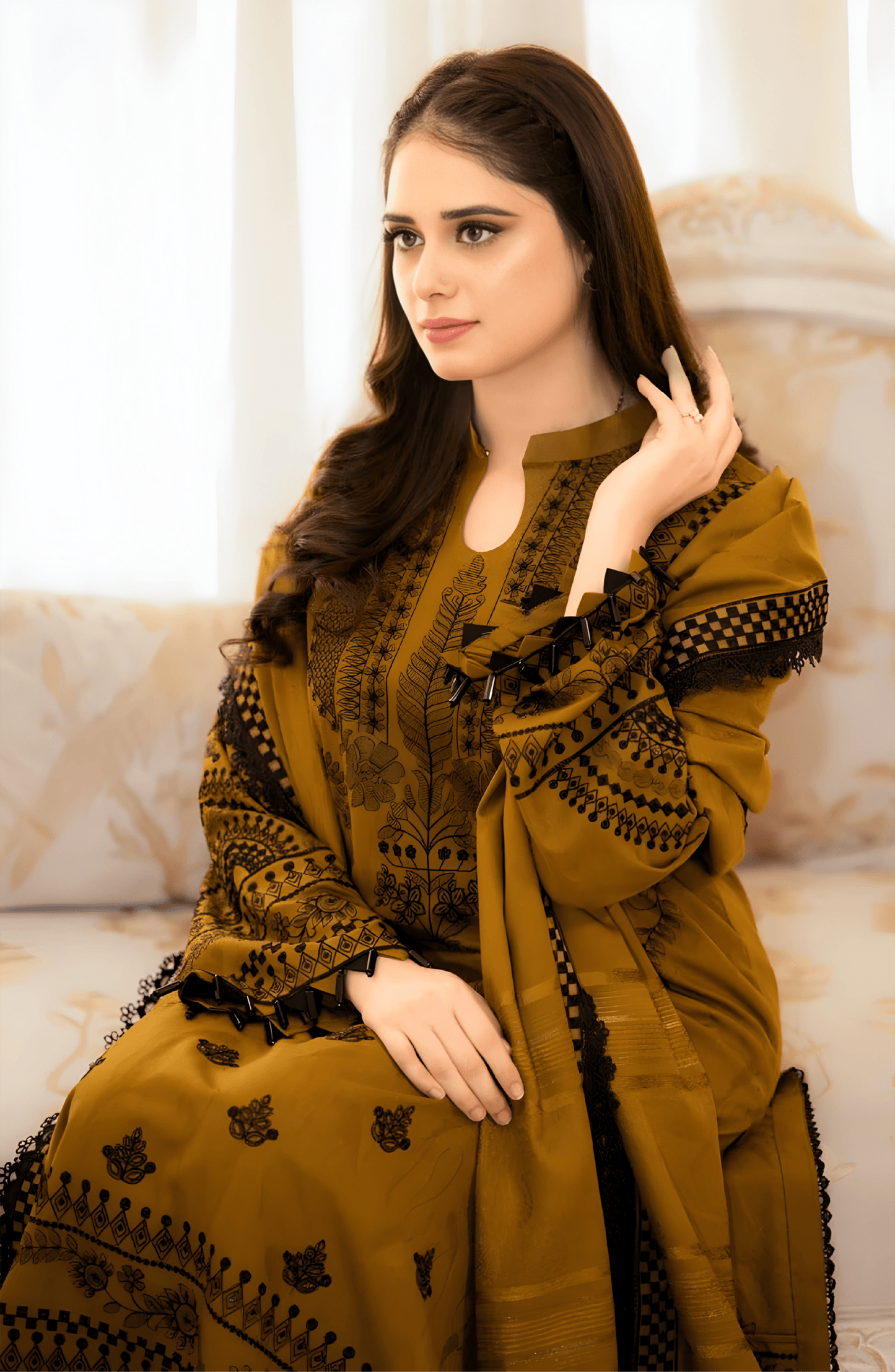 Mustard Brown Muslin Suit Set with Print & Matching Dupatta