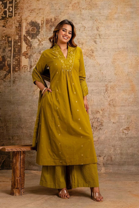Mustard Yellow Cotton A-Line Suit Set with Embroidery – Festive & Daily Wear