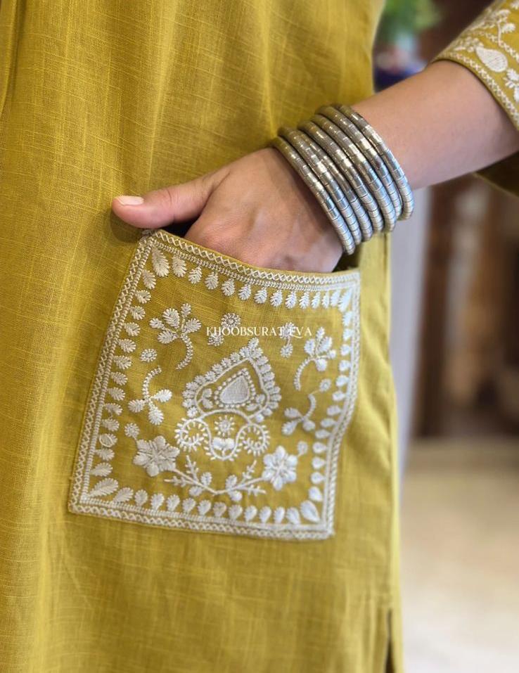 Mustard Yellow Cotton Slub Kurta Set with Pockets