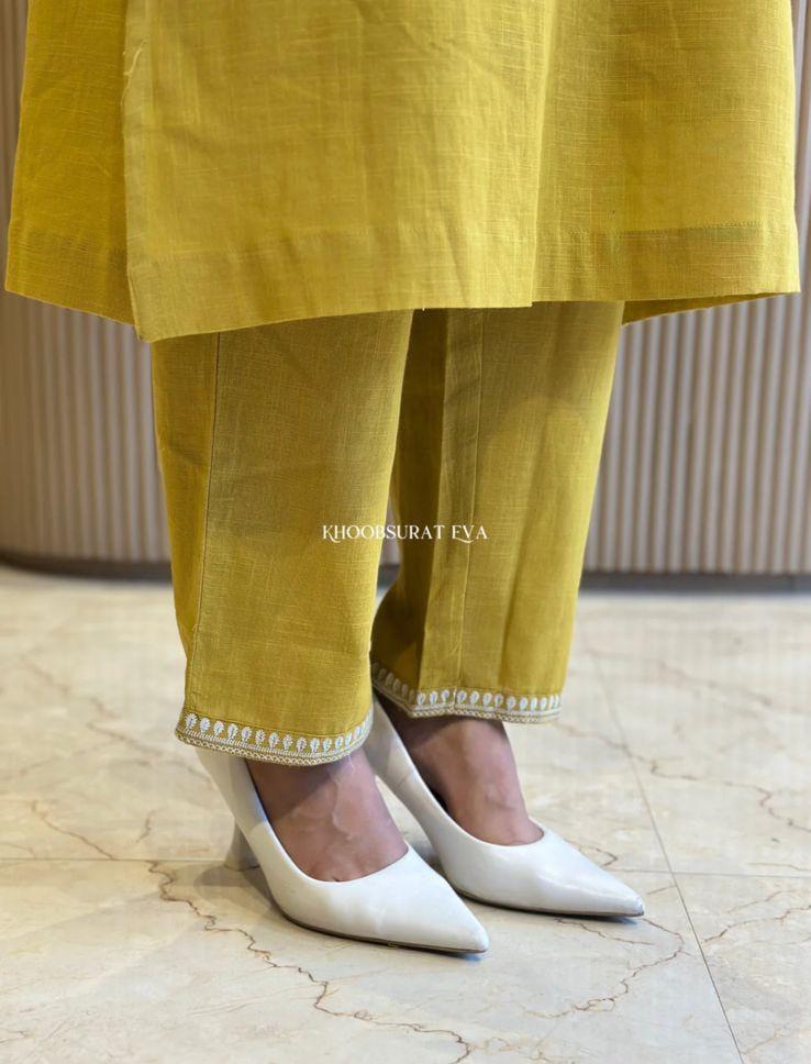 Mustard Yellow Cotton Slub Kurta Set with Pockets