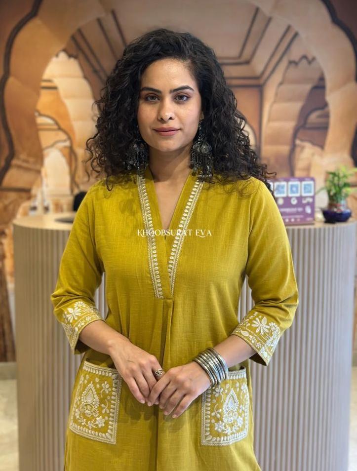 Mustard Yellow Cotton Slub Kurta Set with Pockets