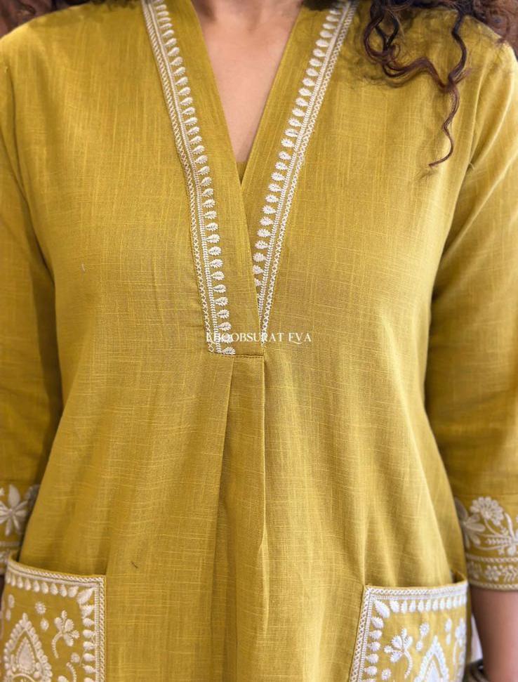 Mustard Yellow Cotton Slub Kurta Set with Pockets
