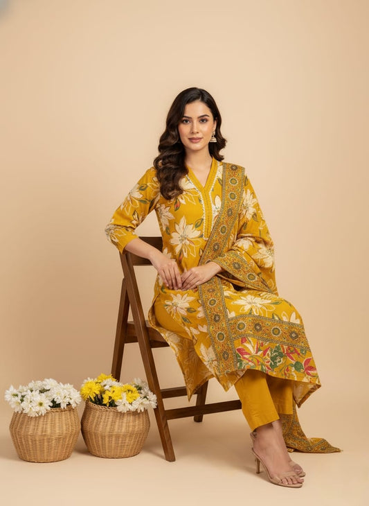 Mustard Yellow Soft Cotton Printed Suit Set with Floral Dupatta