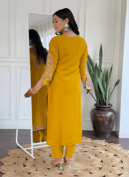Mustard Yellow Premium Viscose Roman Suit Set - Soft & Smooth