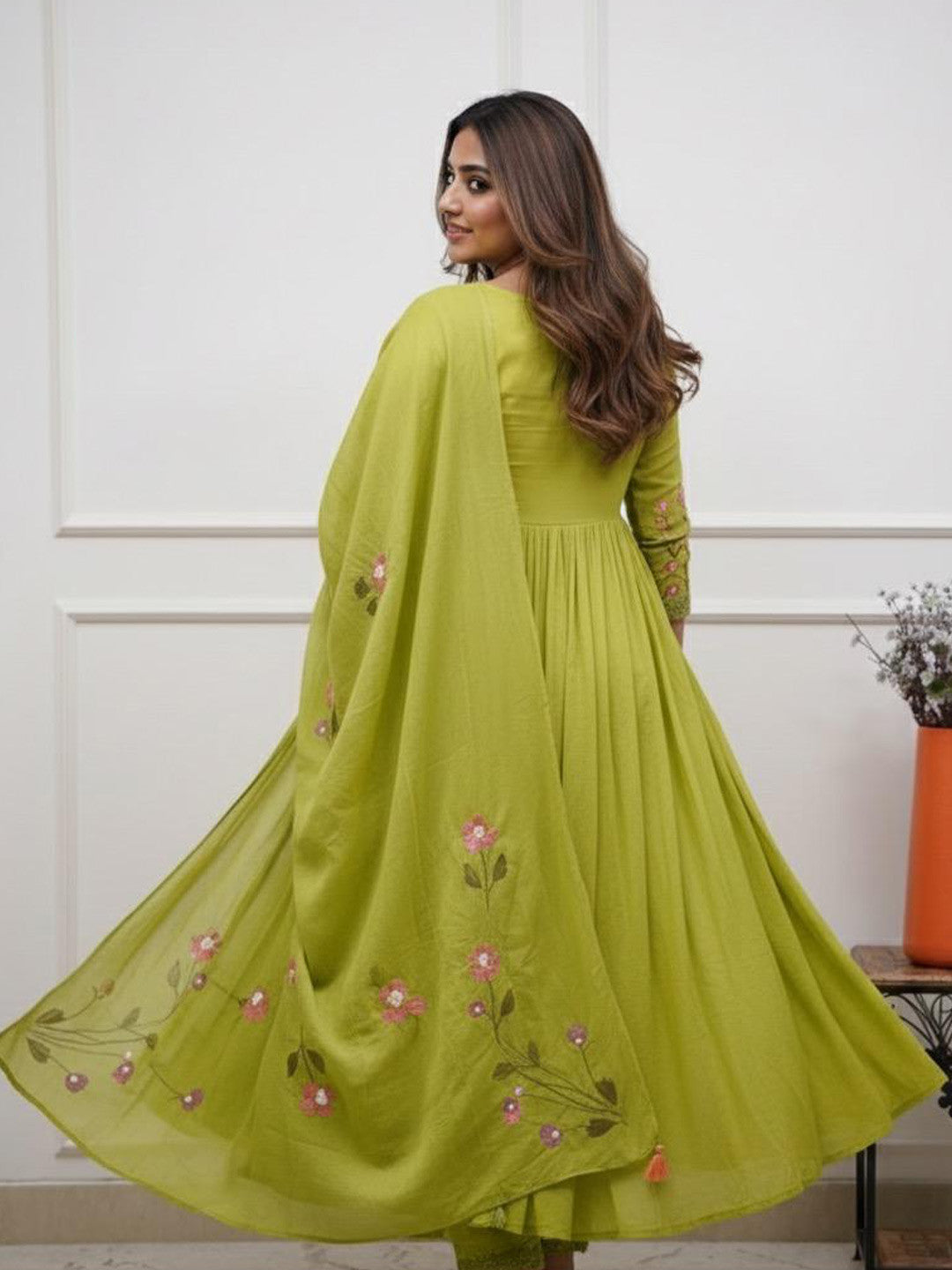 Lime Green Cotton Embroidered Anarkali Suit Set for Women with Dupatta