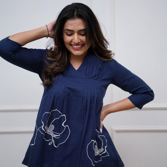 Navy Blue Premium Cotton Co-ord Set with Floral Embroidery
