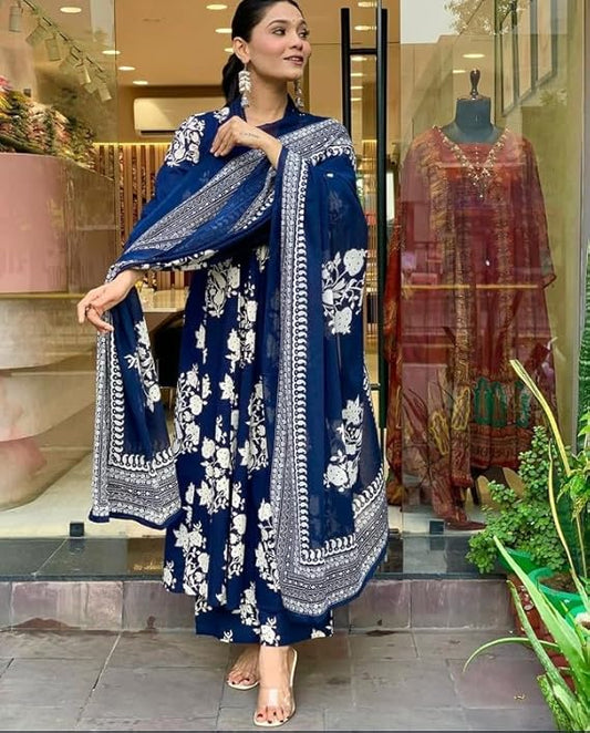 Navy Blue Cotton Ethnic Set with Dupatta