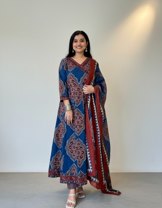 Navy Blue Cotton Anarkali Set with Traditional Block Print – Daily & Office Wear