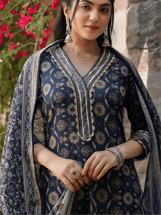 Navy Blue Cotton Suit Set with Ethnic Floral Motifs