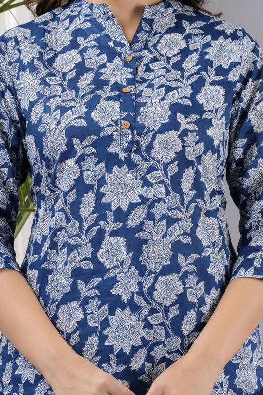 Navy Blue Printed Soft Cotton Top – Casual & Office Wear