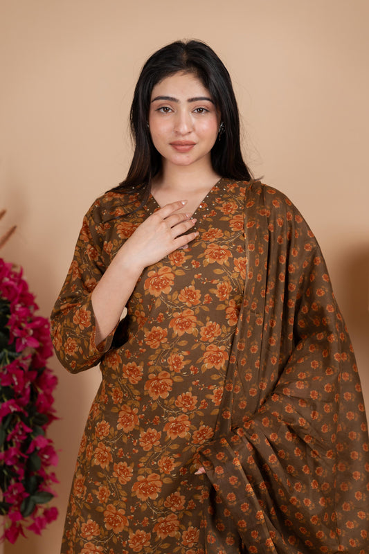 Olive Brown Jaipuri Cotton A-Line Suit Set - Daily & Ethnic Wear
