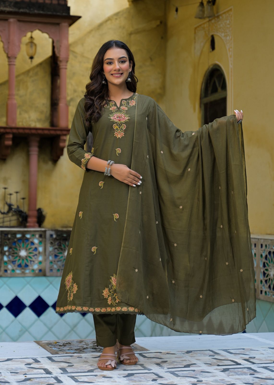Olive Green Cotton Embroidered A-Line 3-Piece Suit Set – Festive & Daily Wear