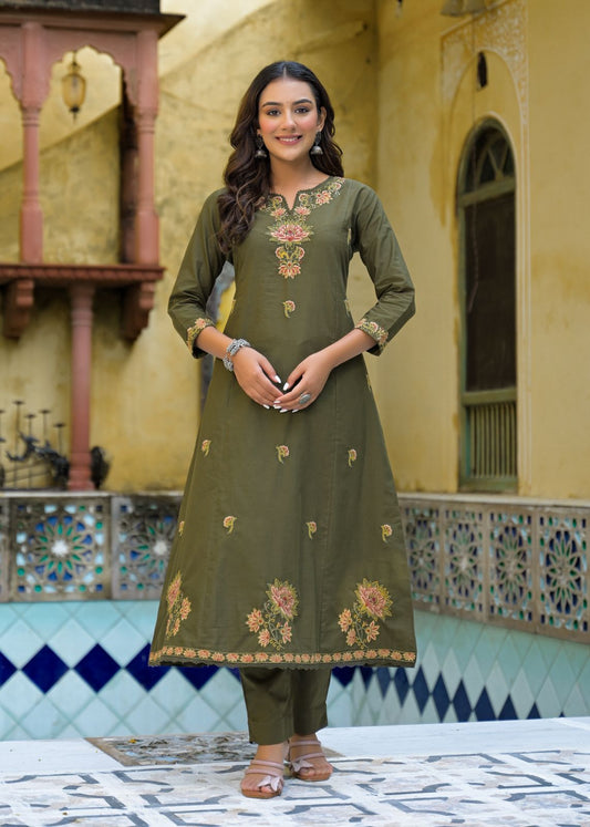 Olive Green Cotton Embroidered A-Line 3-Piece Suit Set – Festive & Daily Wear