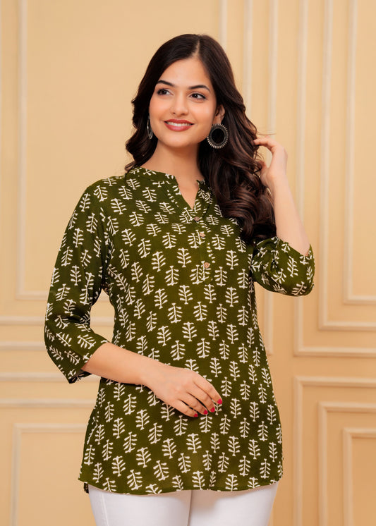 Olive Green Cotton Printed Top – Everyday & Office Wear