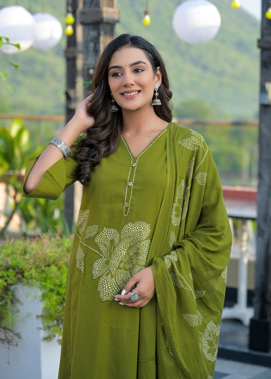 Olive Green Cotton Suit Set with Aplique Work – Elegant Daily Wear