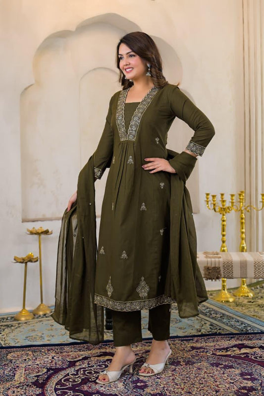 Olive Green Premium Cotton Embroidered Anarkali Suit Set – Festive Wear