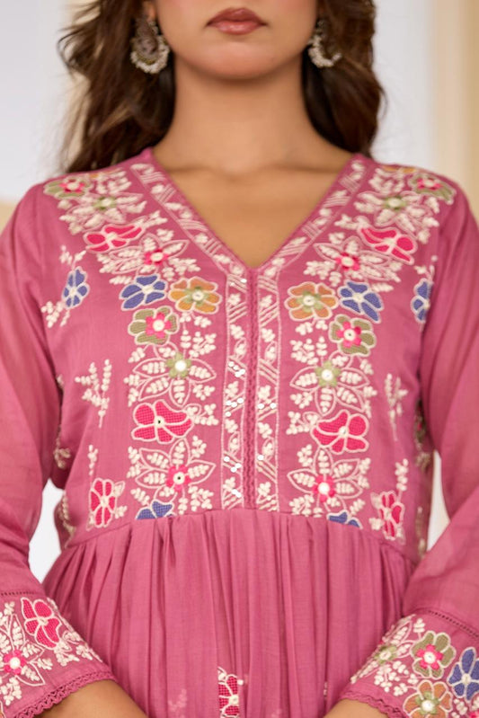 Onion Pink Mul Cotton Embroidered Gown Set with Dupatta – Festive & Party Wear