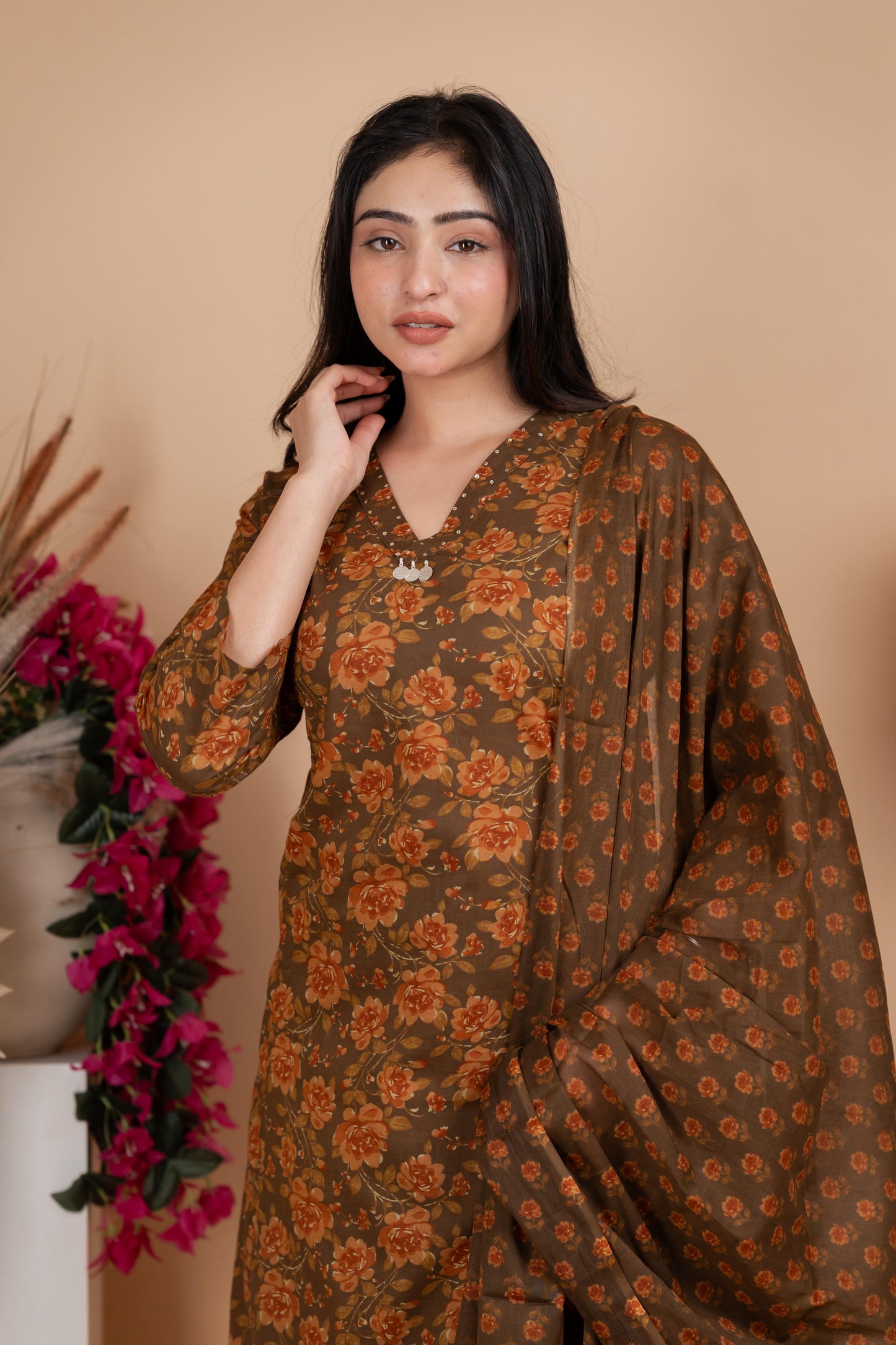 Olive Brown Jaipuri Cotton A-Line Suit Set - Daily & Ethnic Wear
