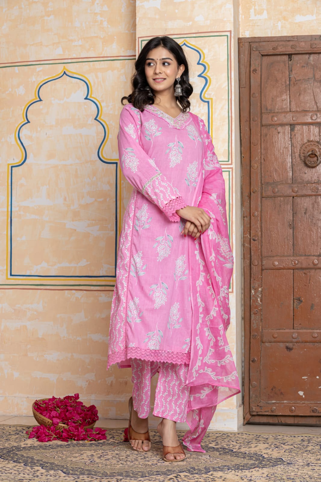 Pink Soft Cotton Printed Suit Set with Lace Detailing – Daily Wear