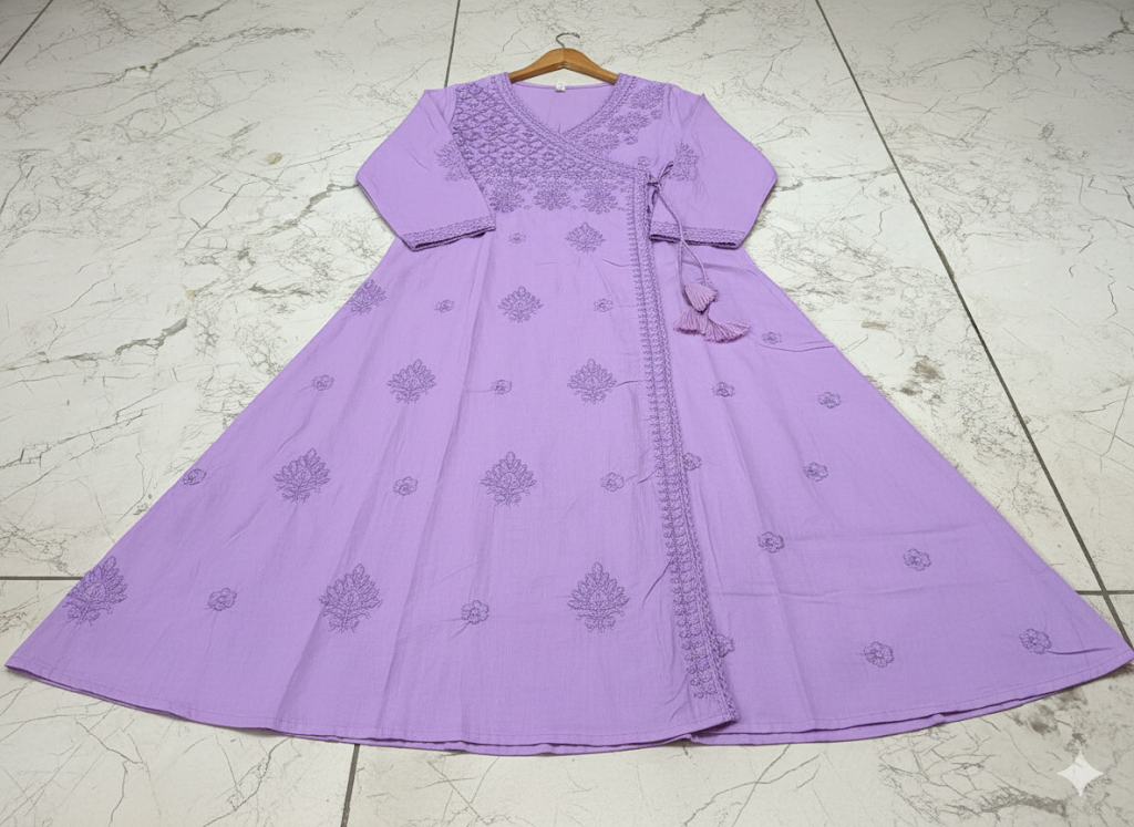 Premium Lavender Angrakha Style Chikankari Kurta Set with Soft Cotton Fabric