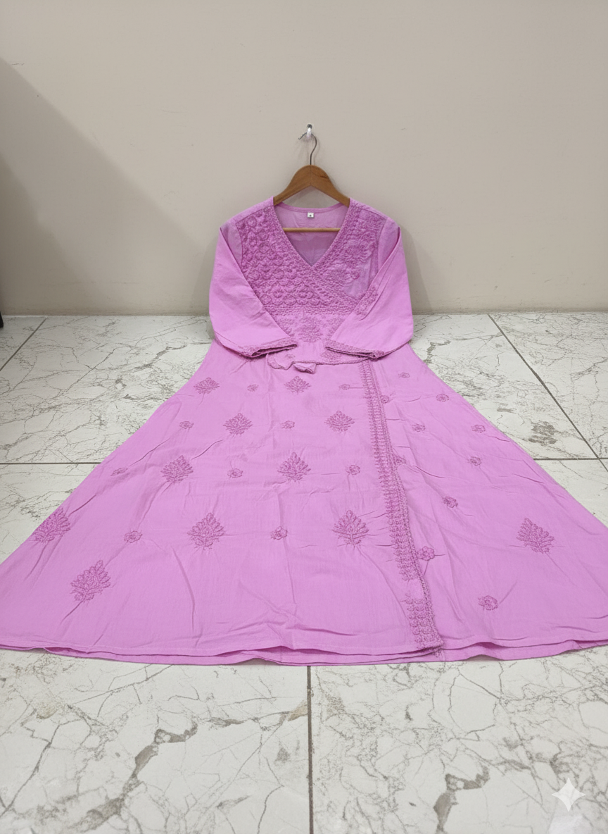 Premium Light Pink Angrakha Style Chikankari Kurta Set with Soft Cotton Fabric