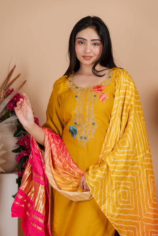 Yellow Pure Gaji Silk Suit Set for Women – Luxurious & Breathable