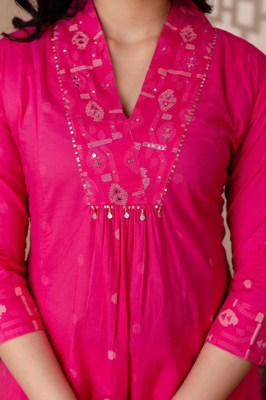 Rani Pink Cotton A-Line Suit Set with Embroidery – Festive & Daily Wear