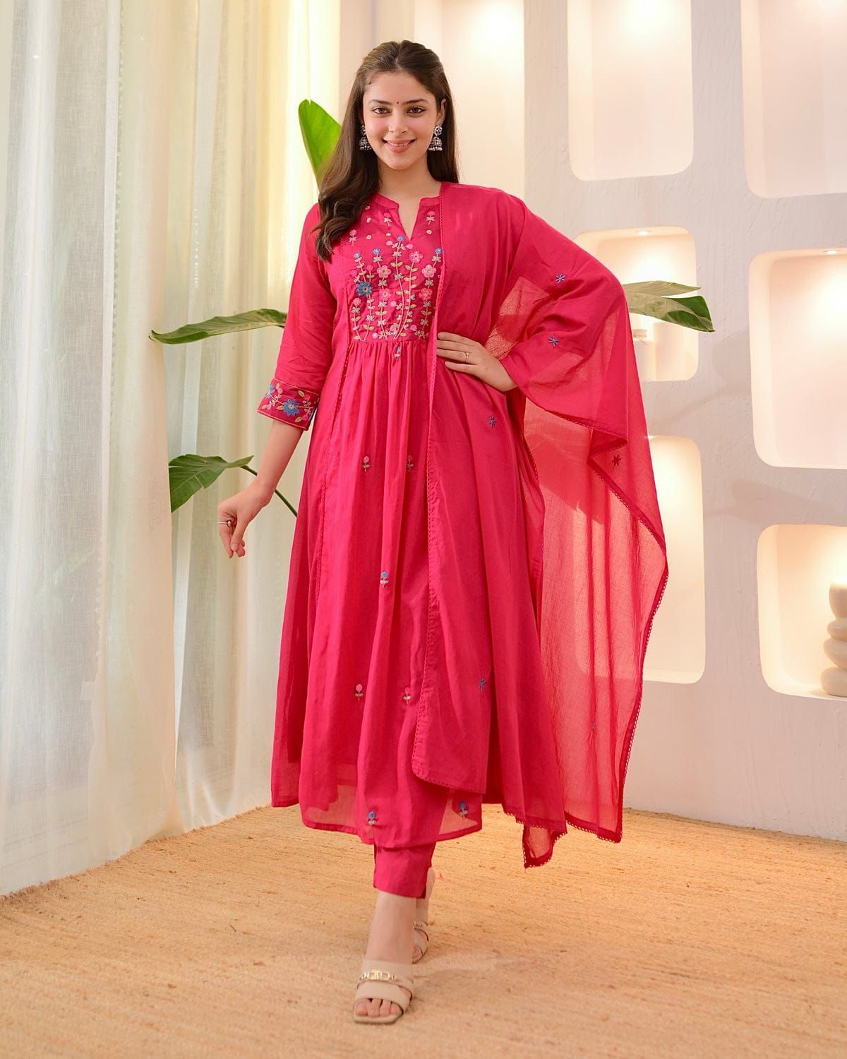Rani Pink Cotton Anarkali Suit Set with Floral Thread Embroidery – Daily & Festive Wear