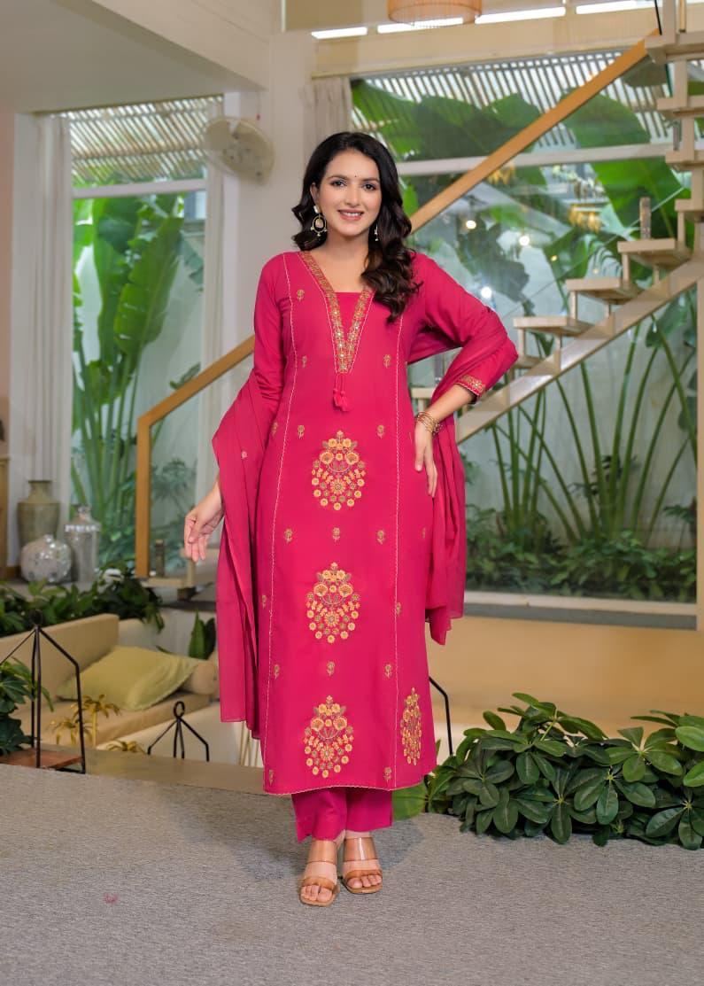 Rani Pink Cotton Embroidered Suit Set – Festive & Party Wear