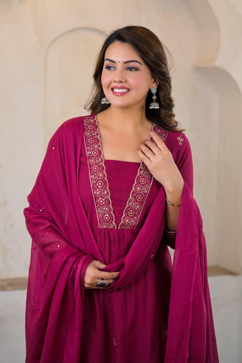 Rani Pink Premium Cotton Embroidered Anarkali Suit Set – Festive Wear