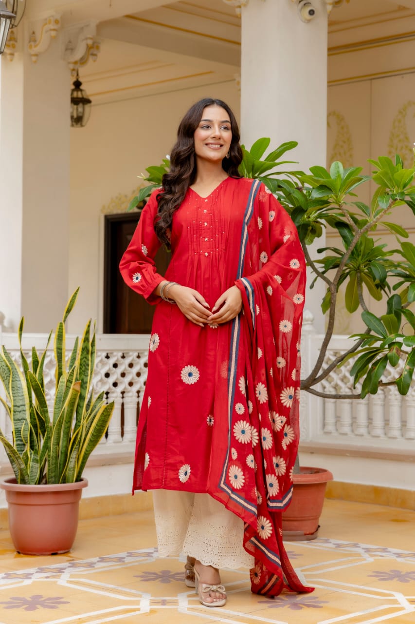 Red Cotton Embroidered Suit Set with Floral Dupatta