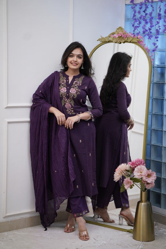 Regal Purple Soft Cotton Kurta Set with Heavy Floral Embroidery & Crushed Dupatta