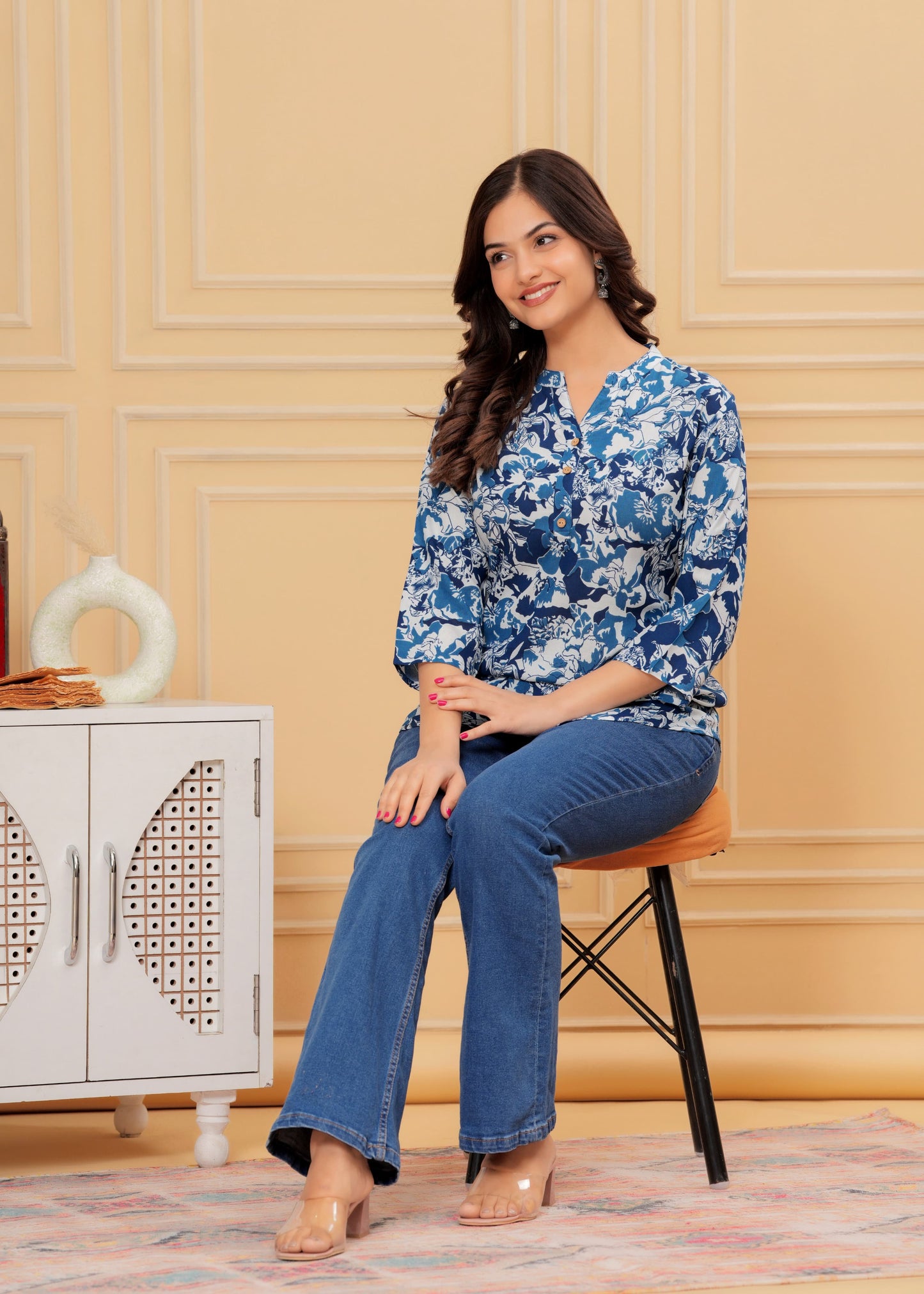 Royal Blue Cotton Top with White Floral Print – Casual & Office Wear