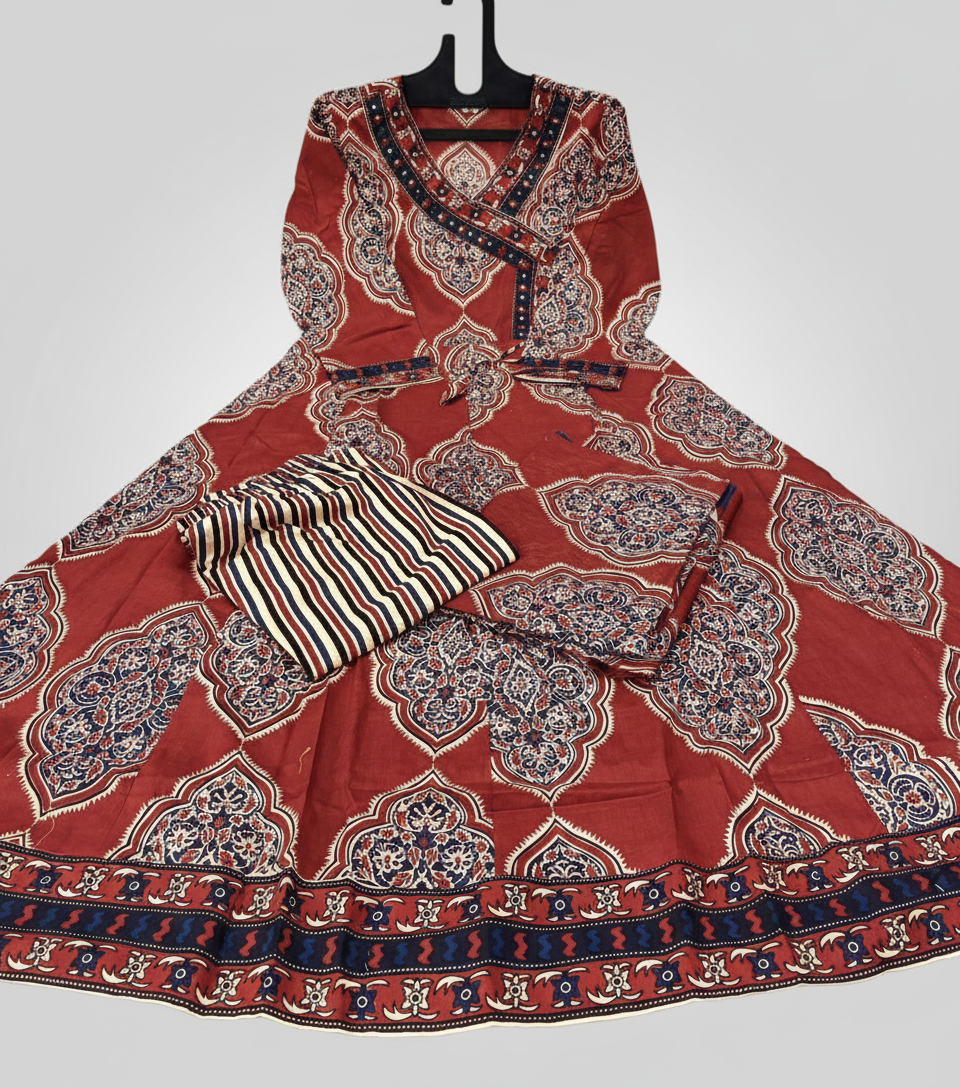 Rust Brown Cotton Anarkali Set with Traditional Block Print – Daily & Office Wear