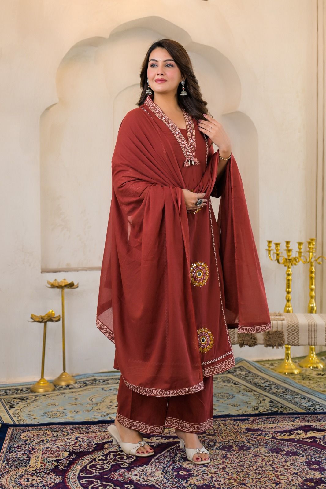 Rust Brown Cotton Embroidered A-Line Suit Set with Lining & Pocket – Festive Wear