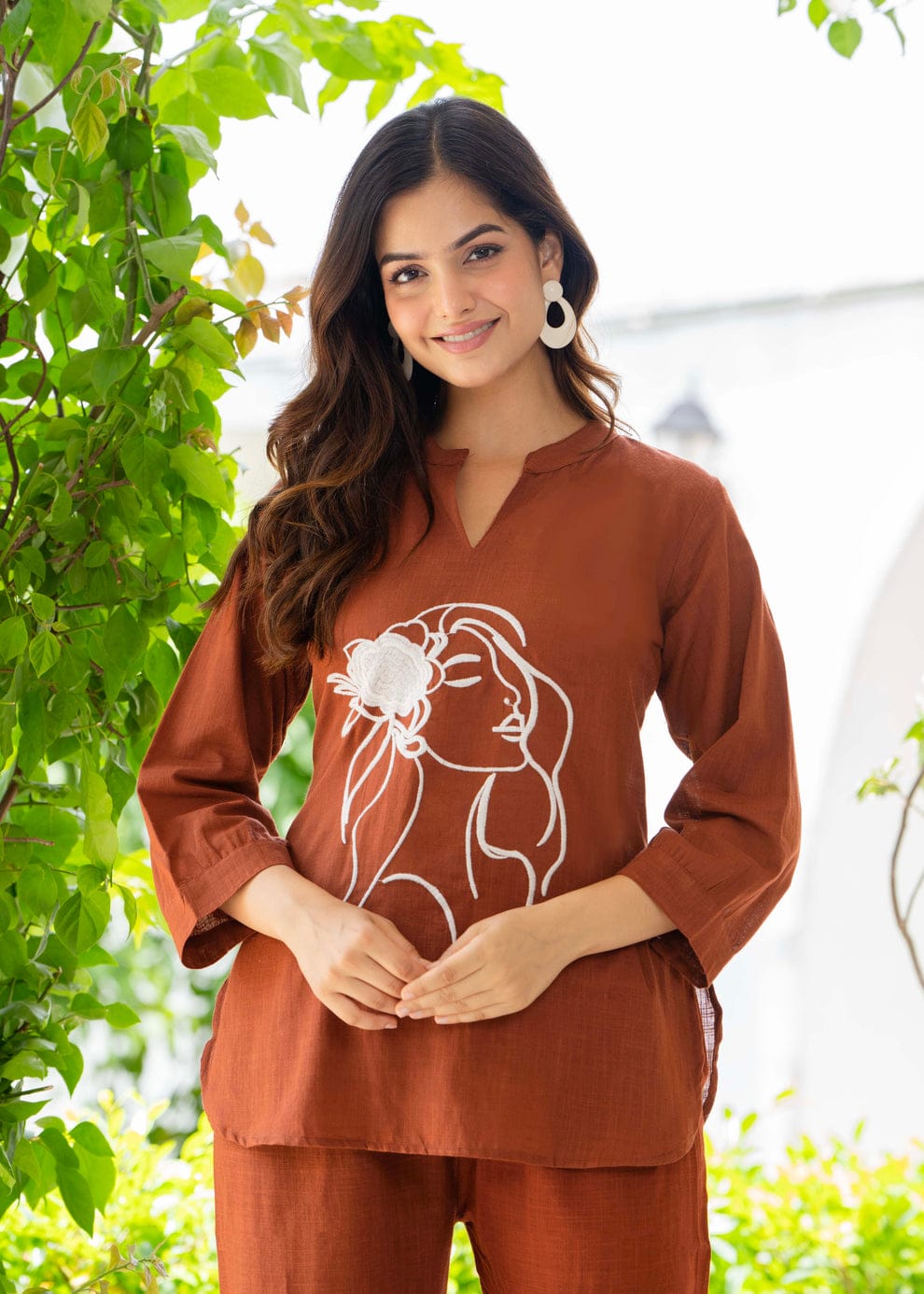 Rust Brown Cotton Flex Co-ord Set with Artistic Face Embroidery