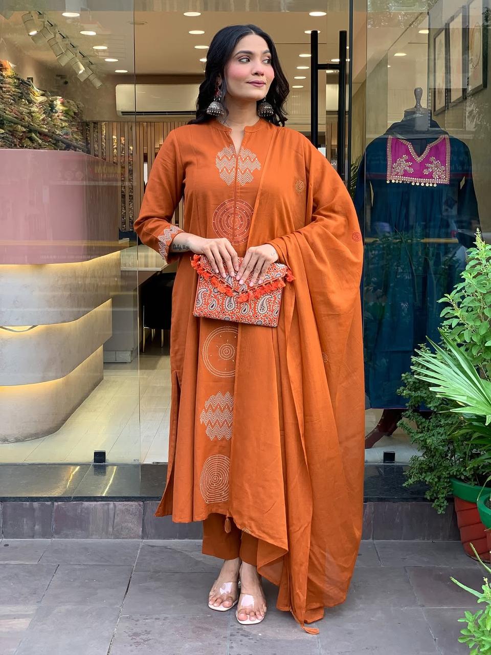 Rust Brown Pure Cotton Kurta Set with Embroidery – Festive & Casual Wear